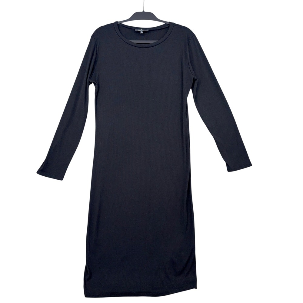 Lulus Black Ribbed Long‎ Sleeve Bodycon Midi Dress Womens XL Crew Neck Solid